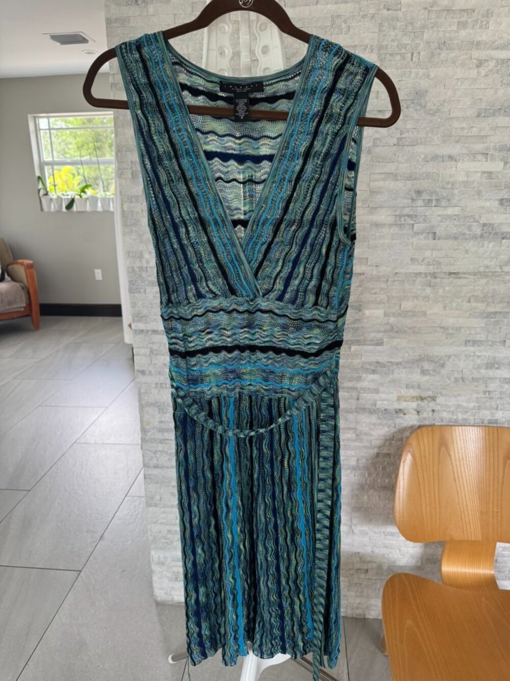 Laundry by Shelli Segal Blue Green Crochet Knit Sleeveless Midi Dress Size M